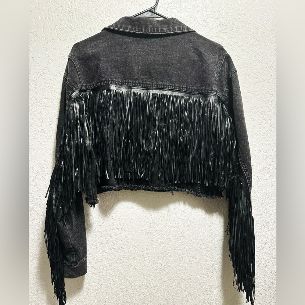 Vintage Y2K black Fringe Denim Jacket new without tags - Picture 4 of 11